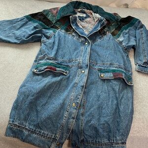 Vintage Y2K Current Seen Denim Coat Jacket Medium 90s Longline Patch Grunge